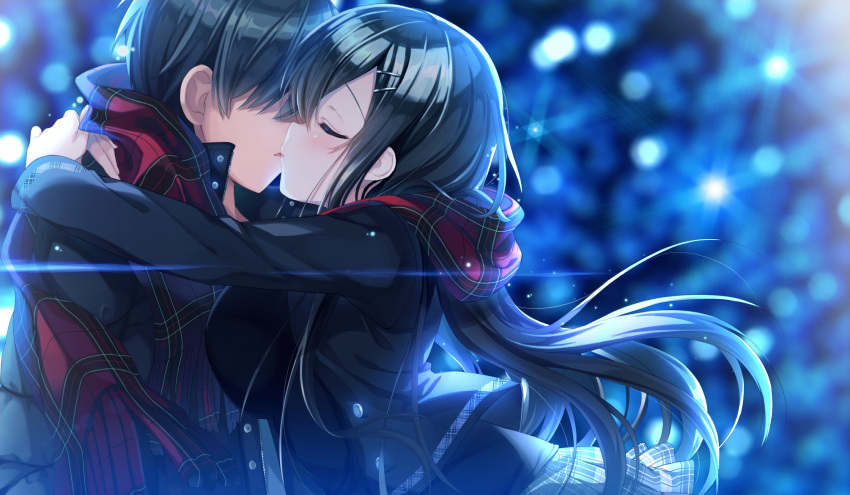 black_hair emily game_cg hug kissing long_hair male marmalade omaezaki_yuu scarf short_hair skirt study_§_steady