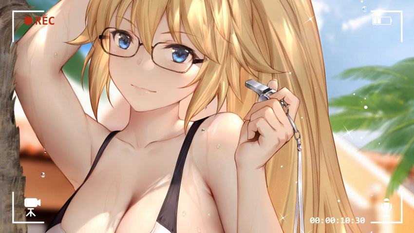 blonde_hair blue_eyes breasts camera cangkong cleavage close fate/grand_order fate_(series) glasses jeanne_d'arc_(fate) long_hair ponytail swimsuit wet