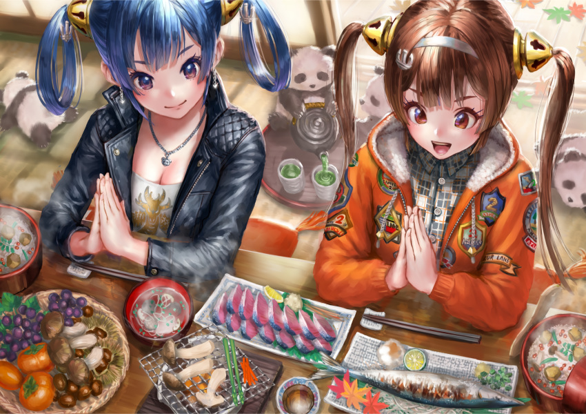 2girls animal anthro azur_lane bear blue_hair breasts brown_eyes brown_hair cleavage drink food hoodie maeko_(pixiv17012595) ning_hai_(azur_lane) panda ping_hai_(azur_lane) red_eyes twintails