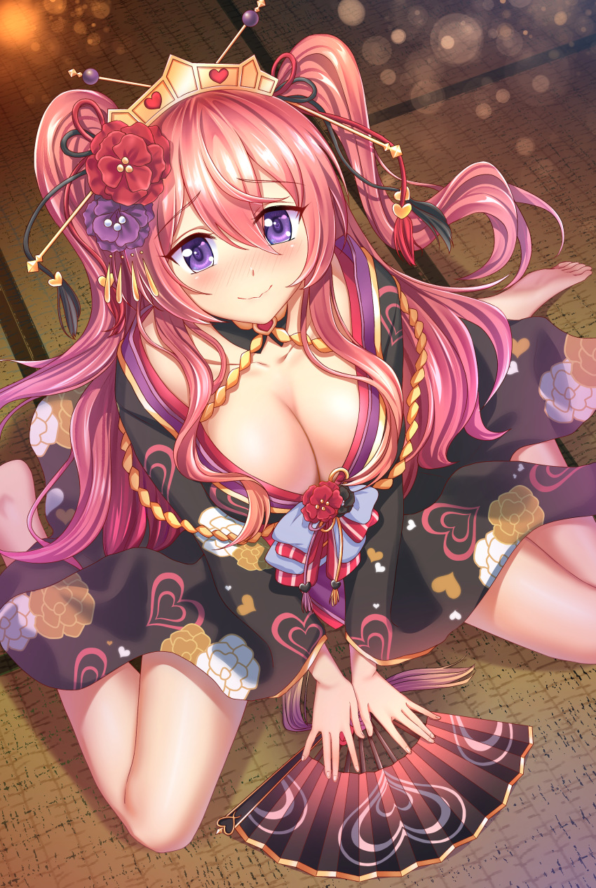 \||/ absurdres airysher barefoot black_kimono blush breasts cleavage closed_mouth collarbone commentary eyes_visible_through_hair female floral_print flower folding_fan hair_flower hair_ornament hair_stick hand_fan heart heart_collar heart_print highres japanese_clothes kimono kuka_(oedo)_(princess_connect!) kuka_(princess_connect!) large_breasts long_hair on_floor pink_hair princess_connect! print_kimono purple_eyes purple_flower red_flower sitting smile solo tatami tiara two_side_up wariza wavy_mouth wide_sleeves