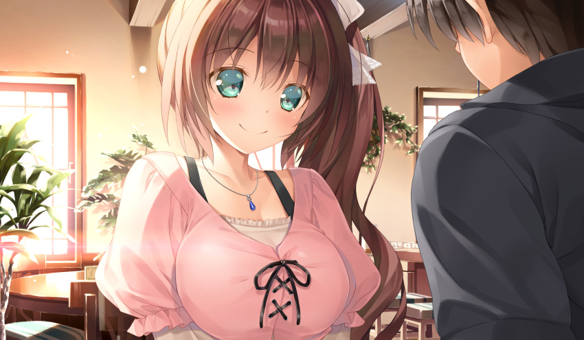 black_hair blush brown_hair game_cg green_eyes kiba_satoshi kinomiya_nanoka long_hair male marmalade necklace ponytail short_hair study_§_steady