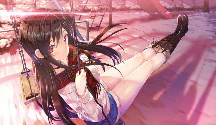 black_hair blush choker emily game_cg long_hair marmalade omaezaki_yuu red_eyes scarf shorts snow study_§_steady