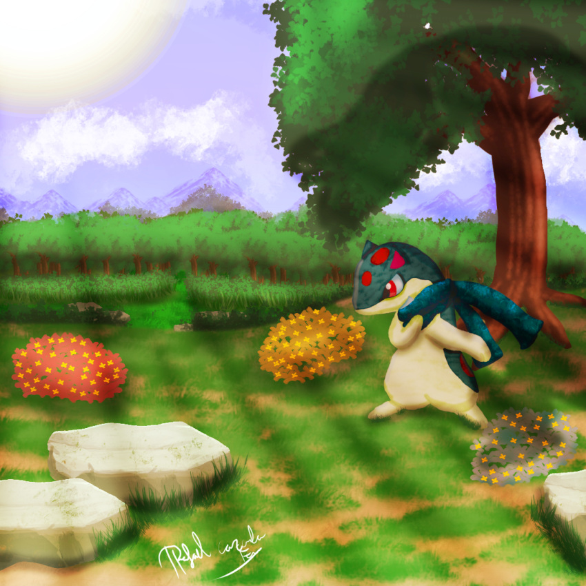 1:1 anthro embrioeldragon feral flower forest generation_2_pokemon generic_flower nintendo plant pokemon pokemon_(species) quilava rock solo sun tree