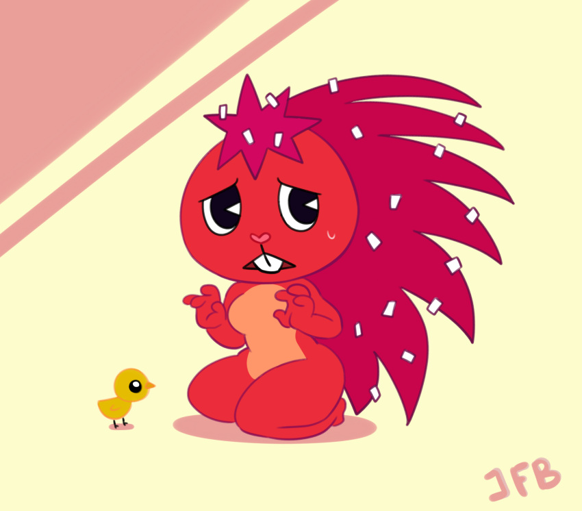 anthro avian biped bird black_eyes bodily_fluids breasts chibi chick chicken featureless_breasts female female_anthro flaky_(htf) fur galliform gallus_(genus) happy_tree_friends hi_res j.fbelen mammal naturally_censored nude_anthro nude_female phasianid porcupine red_body red_fur rodent shy solo