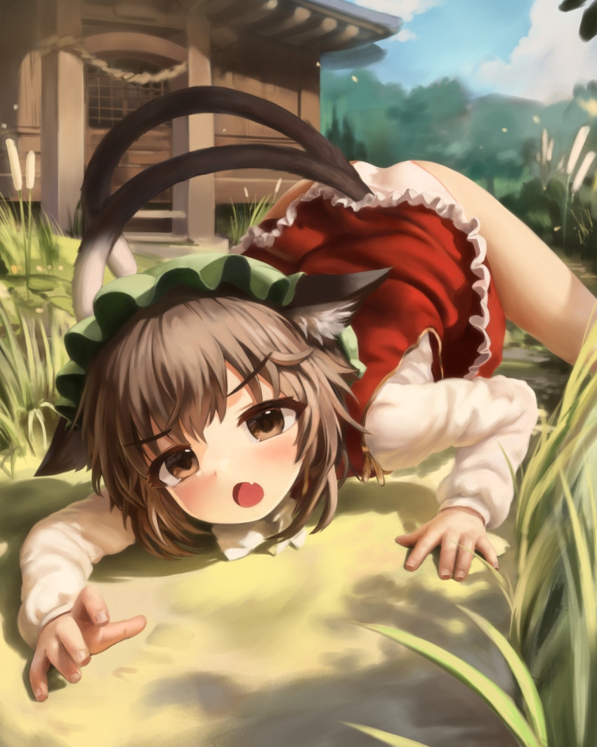 \||/ all_fours animal_ear_fluff animal_ears blue_sky brown_eyes brown_hair cat_ears cat_tail chen cloud crumbles day female fingernails grass green_hat hat highres mob_cap multiple_tails oerba_yun_fang open_mouth outdoors panties short_hair skin_fang sky solo tail touhou underwear variant_set white_panties