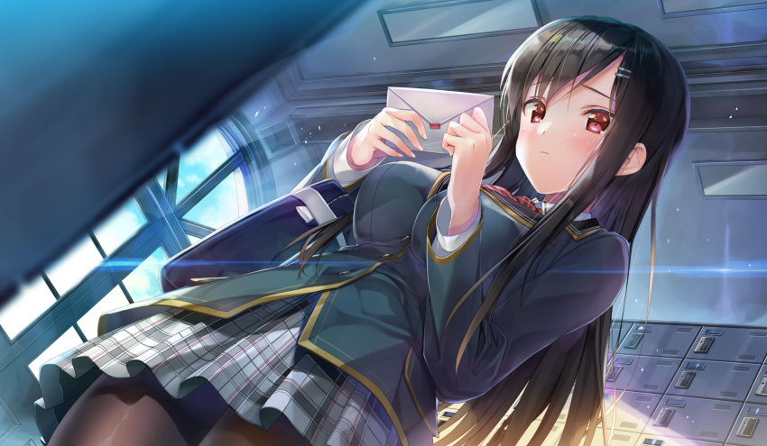 black_hair blush emily game_cg long_hair marmalade omaezaki_yuu pantyhose red_eyes school_uniform skirt study_§_steady