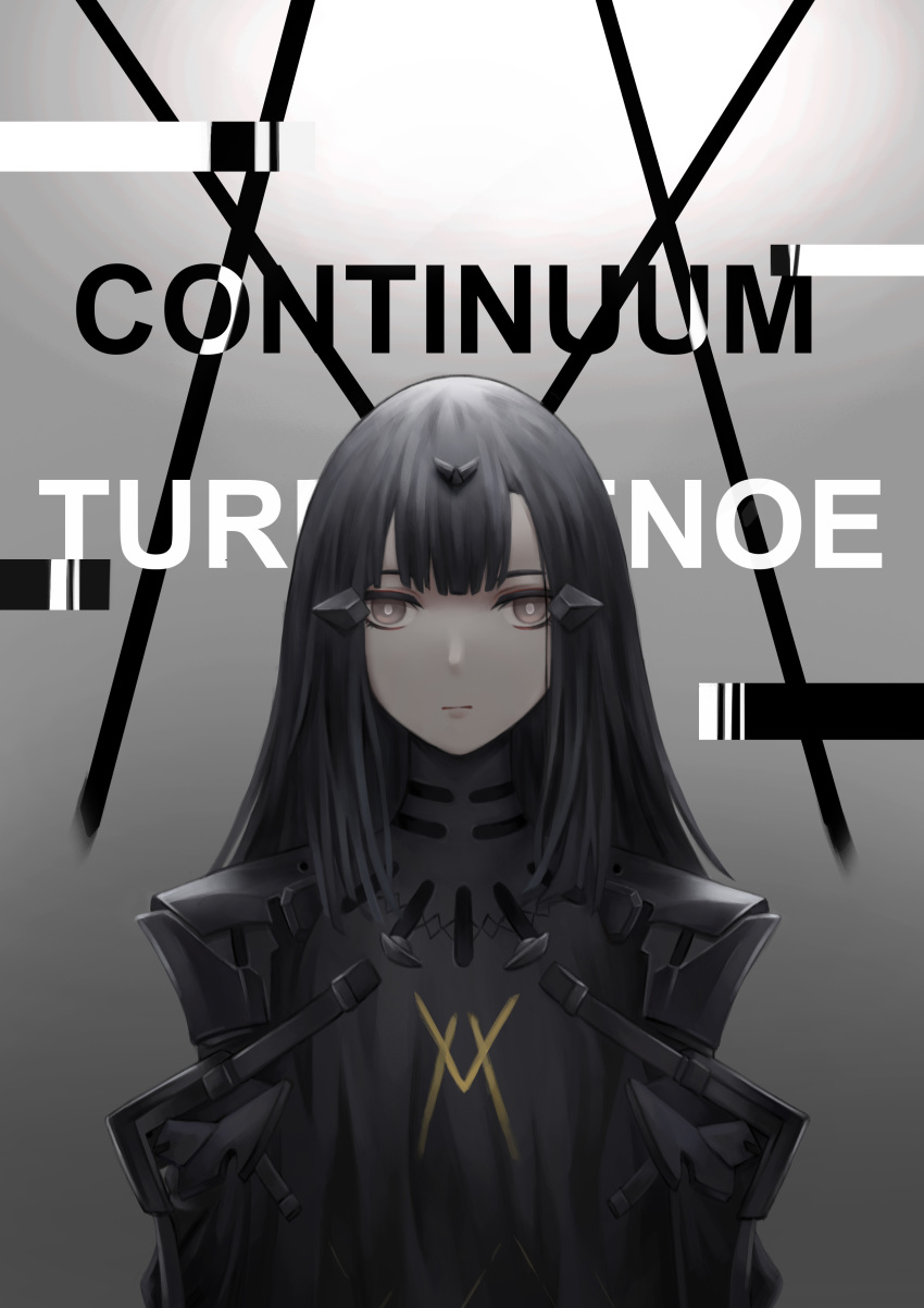 absurdres adeline_(girls'_frontline) alternate_costume black_bodysuit black_hair bodysuit english_text female girls'_frontline grey_eyes hair_between_eyes highres long_hair looking_at_viewer nyto_(generic)_(girls'_frontline) nyto_(girls'_frontline) paradeus photoshop_(medium) selcky simple_background solo