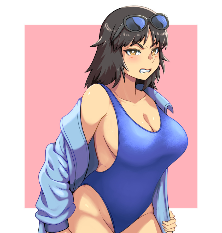 blush breasts brown_eyes brown_hair cleavage collarbone commentary eyewear_on_head female girls_und_panzer highres jacket large_breasts looking_at_viewer medium_hair murakami_(girls_und_panzer) one-piece_swimsuit protected_link sideboob solo stomach sunglasses swimsuit teeth upper_body yougata