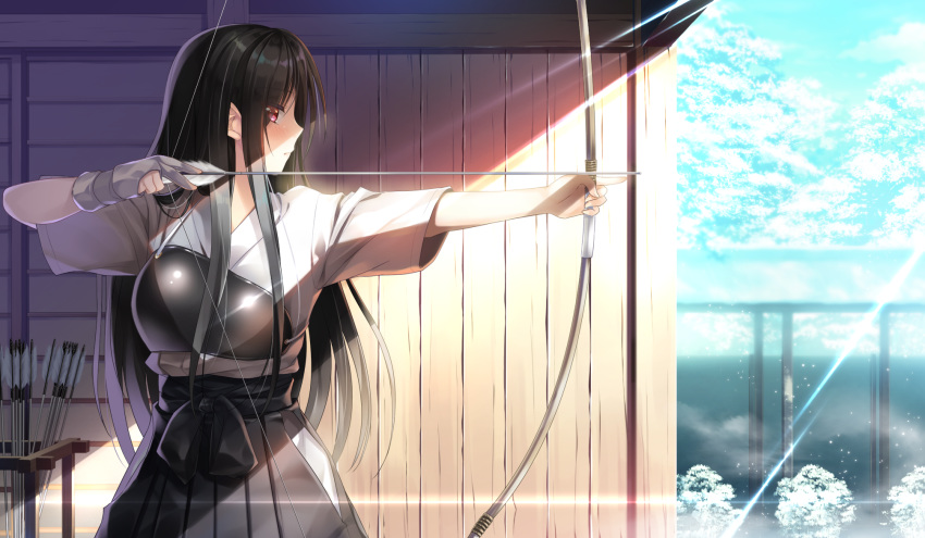 black_hair blush bow_(weapon) clouds emily game_cg gloves japanese_clothes long_hair marmalade omaezaki_yuu red_eyes sky snow study_§_steady weapon