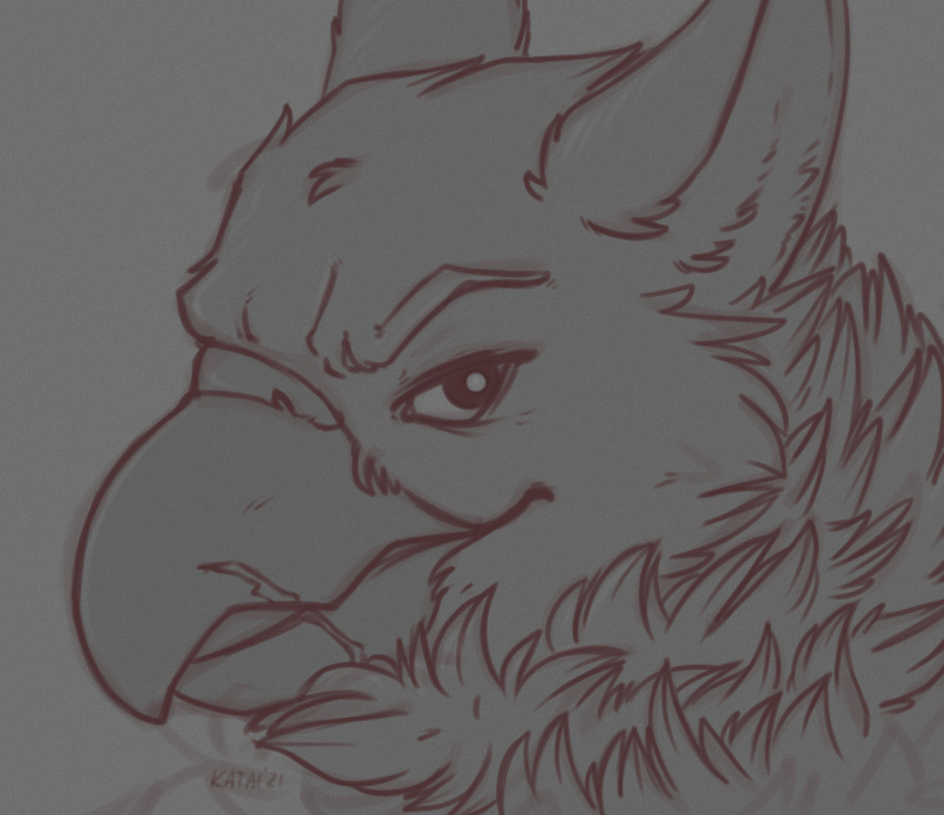 2021 ambiguous_form ambiguous_gender arthur_the_gryphon avian beak digital_media_(artwork) eyebrows fur greyscale gryphon headshot_portrait hi_res icon katai line_art looking_at_viewer monochrome mythological_avian mythological_creature mythology portrait scar side_view signature solo