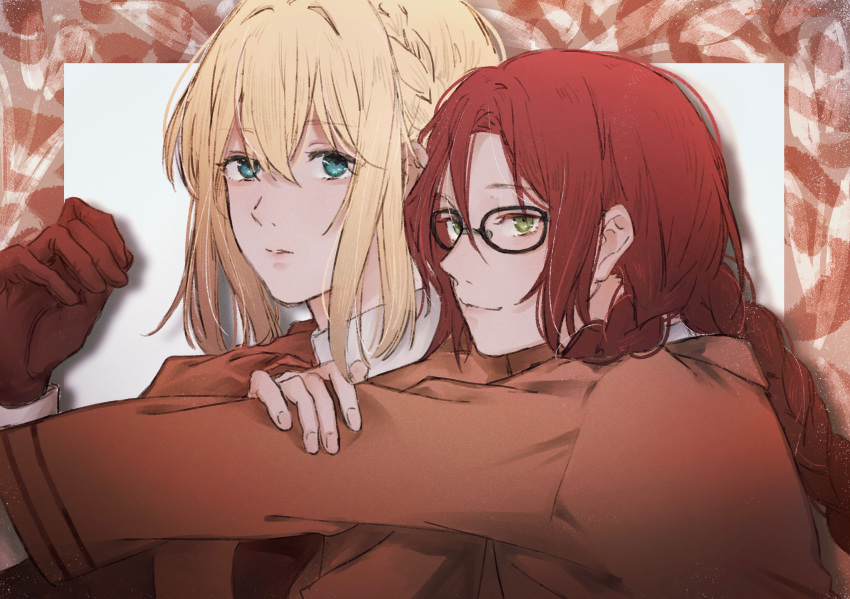 2girls amy_bartlett blonde_hair blue_eyes brown_gloves brown_hair brown_jacket commentary_request glasses gloves green_eyes highres hug jacket looking_at_viewer machihazure multiple_girls parted_lips smile violet_evergarden violet_evergarden_(series)