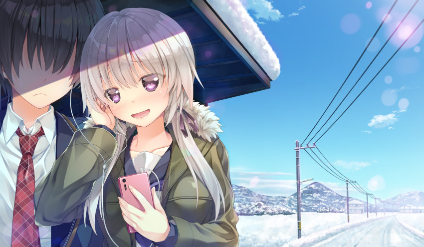 black_hair blush clouds game_cg gray_hair kakegawa_hazuki kiba_satoshi long_hair marmalade phone purple_eyes school_uniform sky snow study_§_steady tie