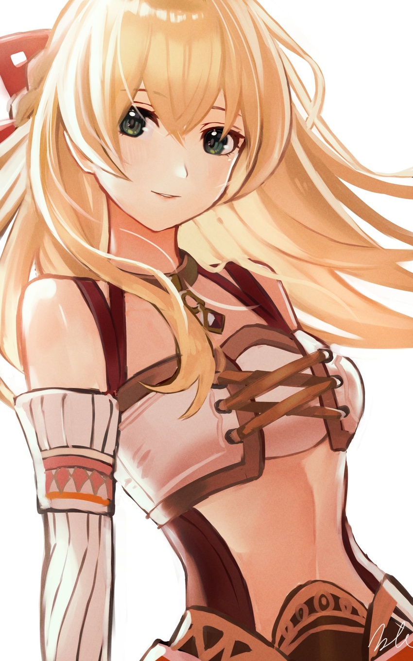 bare_shoulders blonde_hair breasts commentary_request detached_sleeves female fiora_(xenoblade) floating_hair green_eyes hair_between_eyes highres kyosuke1413koba long_hair long_sleeves looking_at_viewer medium_breasts parted_lips signature simple_background smile solo upper_body white_background white_sleeves xenoblade_chronicles_(series) xenoblade_chronicles_1