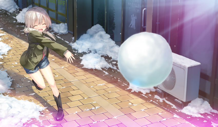 blush boots game_cg gray_hair kakegawa_hazuki kiba_satoshi marmalade short_hair shorts snow study_§_steady