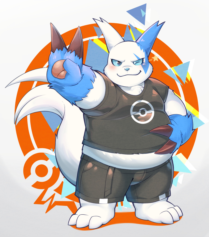 2021 absurd_res anthro aotoaka belly blue_body blue_fur blue_nose blush bottomwear clothing fur generation_3_pokemon hi_res kemono male nintendo one_eye_closed overweight overweight_male pokemon pokemon_(species) shiny_pokemon shirt shorts solo tail topwear white_body white_fur wink zangoose