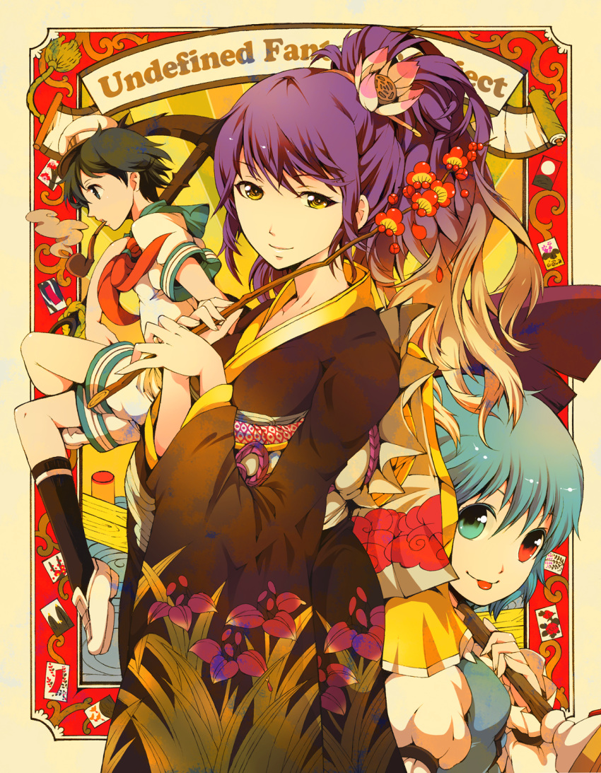 3girls :p alternate_costume alternate_hairstyle anchor black_hair black_legwear blue_eyes branch commentary_request copyright_name english_text floral_print flower from_side hair_flower hair_ornament hanafuda hat heterochromia highres hijiri_byakuren holding ichizen_(o_tori) iris_print japanese_clothes kimono kneehighs looking_at_viewer lotus multiple_girls murasa_minamitsu obi ponytail purple_hair sailor_hat sash school_uniform scroll serafuku short_hair shorts smile smoking_pipe socks taishou tatara_kogasa tongue tongue_out touhou undefined_fantastic_object yellow_eyes