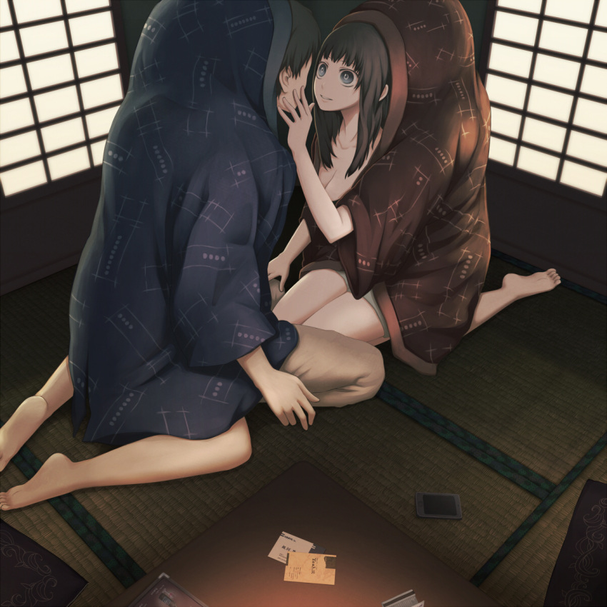 2boys 2girls barefoot black_eyes black_hair cellphone commentary hand_on_another's_cheek hand_on_another's_face highres indoors kneeling long_hair multiple_boys multiple_girls nininbaori original parted_lips phone seiza shared_clothes sitting sliding_doors tatami yajirushi_(chanoma)