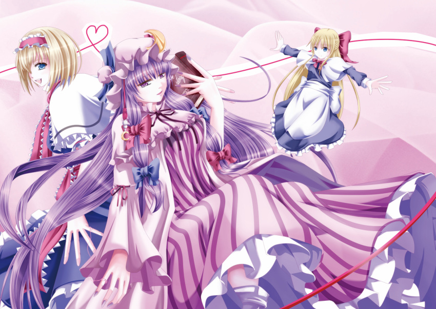 2girls alice_margatroid apron blonde_hair blue_eyes book bow capelet commentary_request covering_one_eye crescent doll hairband hairbow hakomaru_(pandora_box) hat heart long_hair long_skirt long_sleeves multiple_girls open_mouth outstretched_arms patchouli_knowledge purple_eyes purple_hair sash shanghai_doll short_hair short_sleeves skirt touhou very_long_hair wide_sleeves