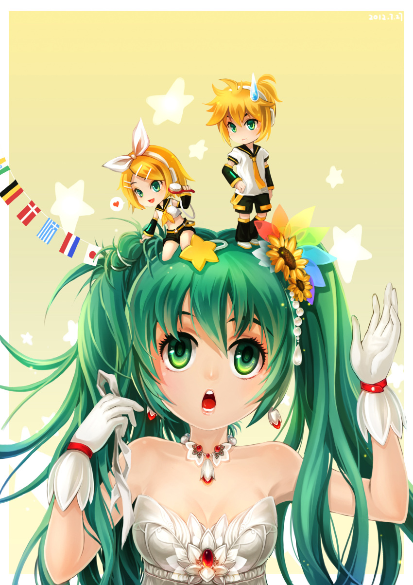 1boy 2girls absurdres bare_shoulders belgian_flag belt blonde_hair chibi chibi_on_head commentary_request danish_flag detached_sleeves flag flags_of_all_nations flower french_flag gloves greek_flag green_eyes green_hair hair_flower hair_ornament hairclip hatsune_miku highres huazha01 indian_flag japanese_flag jewelry kagamine_len kagamine_rin long_hair midriff multiple_girls necklace necktie on_head open_mouth photoshop_(medium) string_of_flags sweatdrop twintails vocaloid