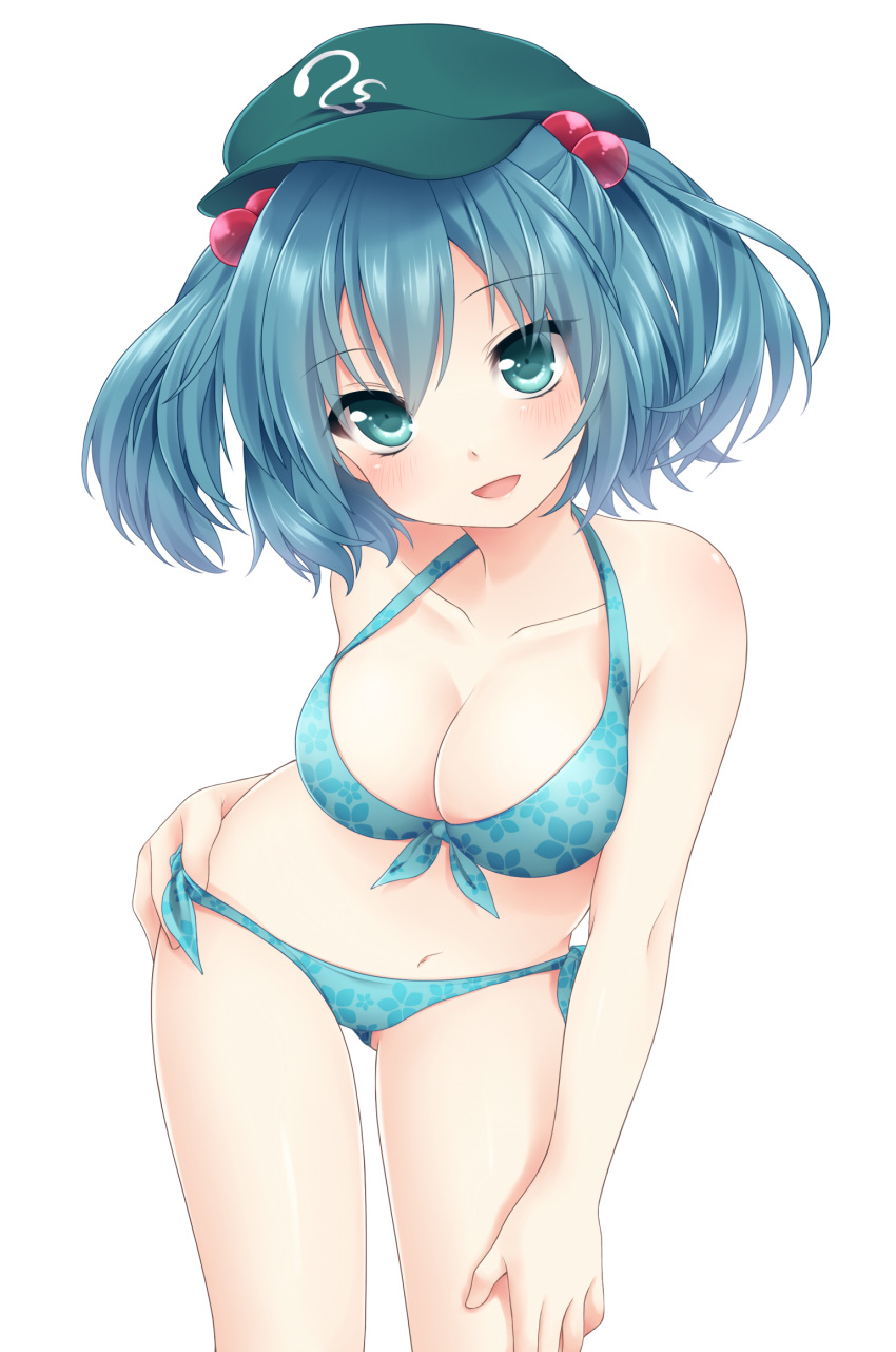 aqua_eyes bad_id bad_pixiv_id bikini blue_bikini blue_hair blush breasts cleavage collarbone etou_(cherry7) female floral_print front-tie_top hair_bobbles hair_ornament hat highres kawashiro_nitori medium_breasts navel open_mouth shiny_skin short_hair side-tie_bikini_bottom solo swimsuit touhou two_side_up white_background