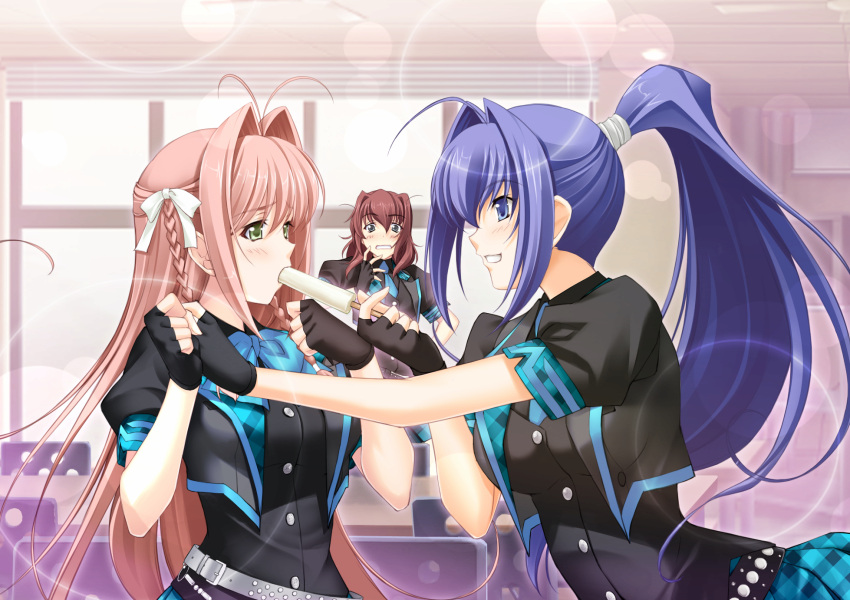 3girls ahoge antenna_hair belt black_gloves black_shirt blue_bow blue_eyes blue_skirt bow bowtie breasts brown_hair covered_eyes eyebrows fingerless_gloves forced game_cg gloves green_eyes grin hair_ornament hair_ribbon hayase_mitsuki high_ponytail highres lens_flare long_hair medium_breasts multiple_girls munakata_misae muv-luv muv-luv_alternative muv-luv_alternative_chronicles muv-luv_alternative_chronicles_03 pleated_skirt purple_hair ribbon shirt skirt smile suzumiya_haruka very_long_hair white_ribbon