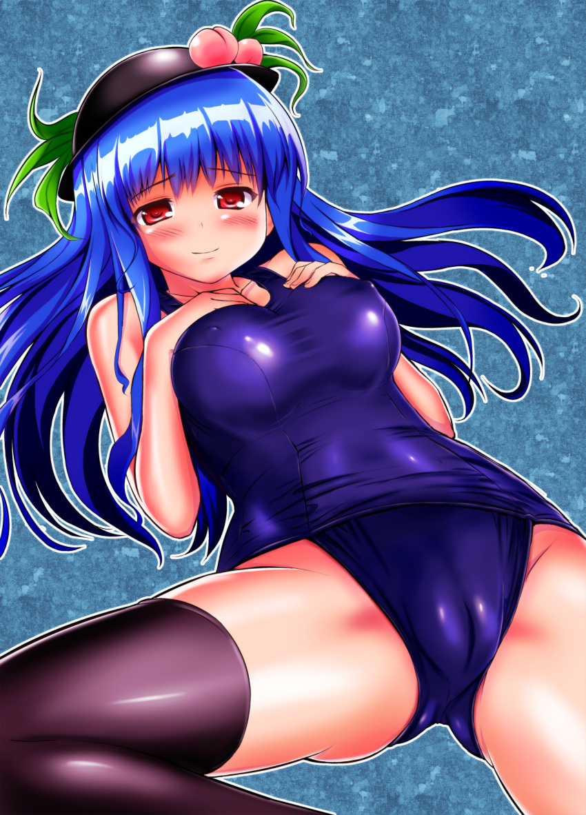 alternate_breast_size black_thighhighs blue_hair blush cameltoe collarbone commentary_request female food fruit groin hat highres hinanawi_tenshi honda_takaharu leaf long_hair one-piece_swimsuit peach red_eyes school_swimsuit shiny_clothes skindentation smile solo swimsuit thighhighs touhou