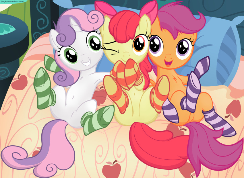 apple_bloom_(mlp) bed clothing cutie_mark_crusaders_(mlp) earth_pony equid equine feathered_wings feathers female feral footwear friendship_is_magic furniture group hasbro hi_res horn horse junglepony legwear mammal my_little_pony mythological_creature mythological_equine mythology one_eye_closed orange_body orange_feathers pegasus pillow pony quadruped scootaloo_(mlp) socks sweetie_belle_(mlp) tail unicorn wings wink young young_feral