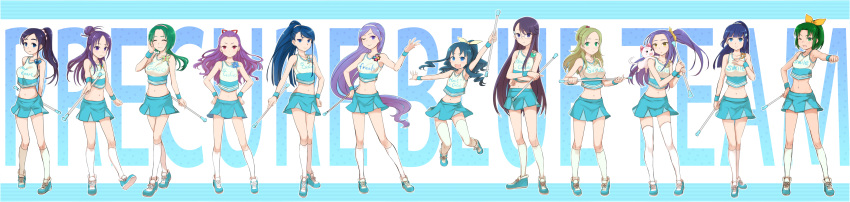 6+girls :d absurdres akimoto_komachi alternate_costume aoki_reika aono_miki armpits bad_id bad_pixiv_id bare_shoulders blue_eyes blue_hair blush bow breasts brown_hair butterfly_hair_ornament cheerleader closed_eyes color_connection crop_top feline flat_chest fresh_precure! futari_wa_precure futari_wa_precure_max_heart futari_wa_precure_splash_star glasses green_eyes green_hair hair_ornament hairbow half_updo hands_on_own_hips heart heartcatch_precure! highres hummy_(suite_precure) in-franchise_crossover jumping kurokawa_eren kurumi_erika large_breasts long_hair looking_at_viewer midorikawa_nao midriff milk_(yes!_precure_5) mimino_kurumi minamino_kanade minatsuki_randoseru minazuki_karen mishou_mai multiple_girls navel one_eye_closed one_side_up open_mouth pink_eyes ponytail precure purple_eyes purple_hair seiren_(suite_precure) side_ponytail skirt smile smile_precure socks suite_precure sweatdrop thighhighs treble_clef tsukikage_yuri twirl_baton very_long_hair wide_image wristband yellow_eyes yes!_precure_5 yes!_precure_5_gogo! yukishiro_honoka