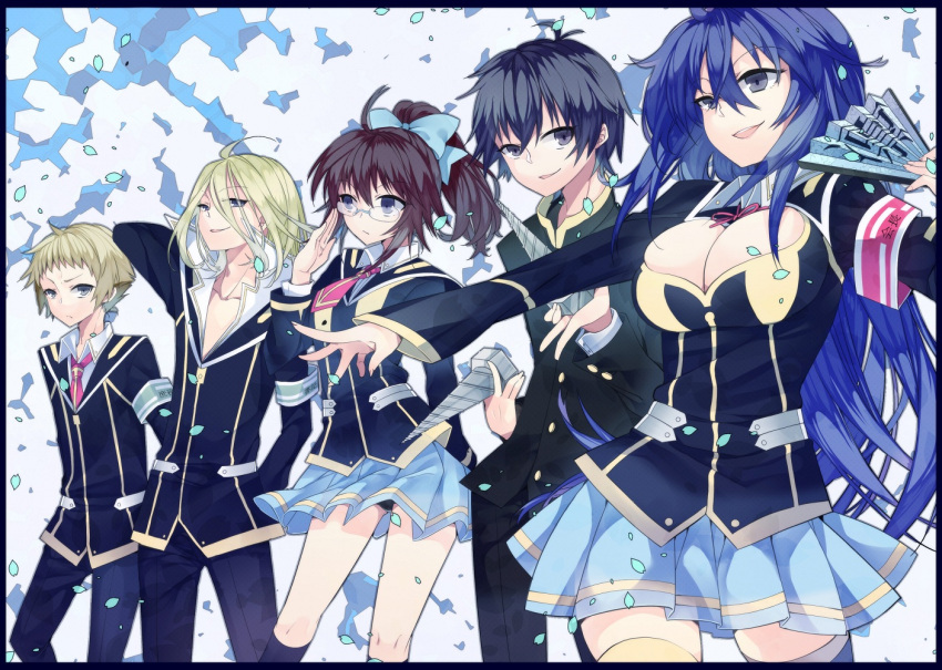 2girls 3boys akune_kouki armband bad_id bad_pixiv_id black_hair blonde_hair blue_hair brown_hair folding_fan glasses group_picture group_profile hand_fan hitoyoshi_zenkichi kikaijima_mogana kumagawa_misogi kurokami_medaka lari lineup long_hair medaka_box multiple_boys multiple_girls necktie photoshop_(medium) ponytail profile school_uniform screw skirt thighhighs