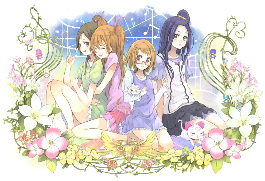 4girls :d ^_^ blue_hair brown_eyes brown_hair closed_eyes commentary_request flower glasses hair_bobbles hair_ornament half_updo holding houjou_hibiki hummy_(suite_precure) kneeling kurokawa_eren long_hair minamino_kanade multiple_girls musical_note open_mouth photoshop_(medium) precure seiren_(suite_precure) shirabe_ako short_hair sitting skirt smile suite_precure toromi_chuuka twintails yellow_eyes