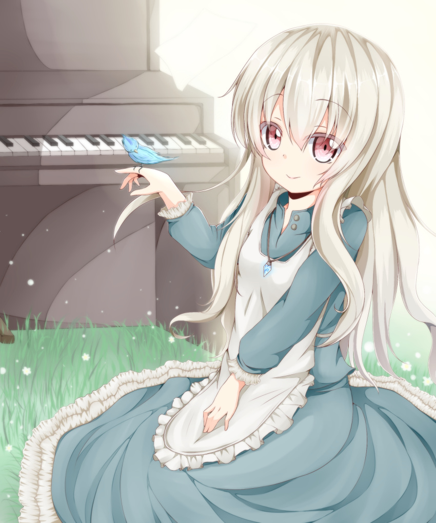 absurdres bird commentary_request dress female grass highres instrument jewelry kagamiya_(kyouya) kagerou_project kozakura_marry long_hair looking_at_viewer necklace piano pink_eyes sitting smile solo souzou_forest_(vocaloid) upright_piano vocaloid white_hair