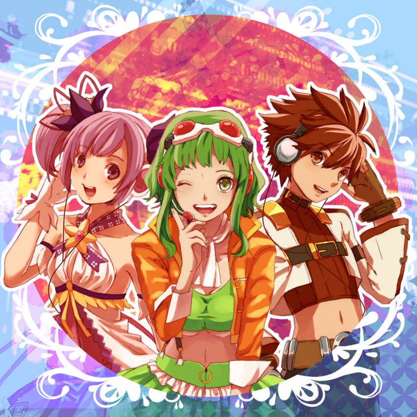 1boy 2girls 778-go ;d aisha_landar bad_id bad_pixiv_id battle_magician_(elsword) breasts brown_eyes brown_hair crop_top crossover elsword elsword_(character) fingerless_gloves gloves green_eyes green_hair gumi gumi_(v3_megpoid) headphones magic_knight_(elsword) medium_breasts midriff multiple_girls one_eye_closed open_mouth purple_eyes purple_hair short_hair skirt smile spiked_hair strapless tube_top twintails underboob vocaloid