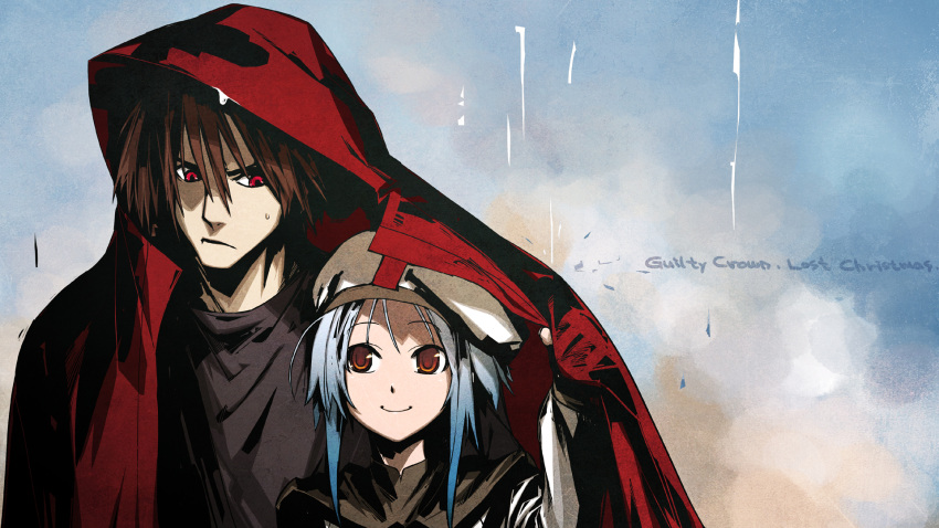 1boy beret blue_hair brown_hair carol_(guilty_crown) chuuou_higashiguchi coat commentary_request copyright_name couple eye_contact female gradient_hair guilty_crown guilty_crown_lost_christmas hair_between_eyes hat height_difference highres hood hood_up light_smile looking_at_another looking_down looking_up multicolored_hair official_art official_wallpaper open_clothes open_coat orange_eyes outdoors rain red_eyes scrooge_(guilty_crown) shared_clothes shared_coat short_hair sidelocks smile straight sweatdrop turtleneck upper_body wet wet_clothes white_hair