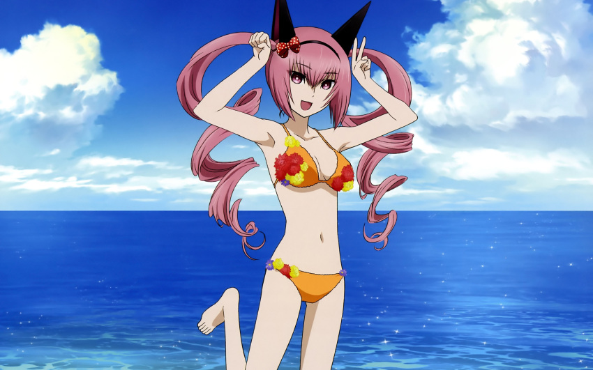 akiha_rumiho animal_ears armpits beach bikini breasts cat_ears cleavage day female highres long_hair looking_at_viewer medium_breasts navel ocean orange_bikini outdoors pink_hair sky solo steins;gate swimsuit twintails