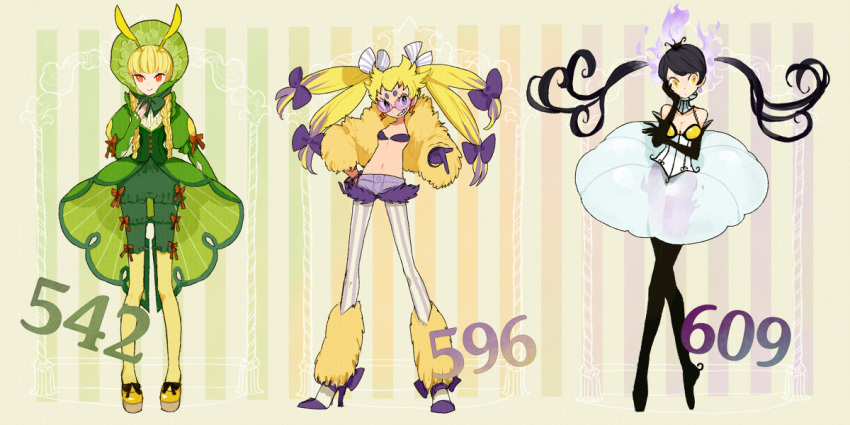 3girls antennae bad_id bad_pixiv_id bare_shoulders bikini bikini_top_only black_hair blonde_hair bonnet bracelet chandelure earrings elbow_gloves galvantula gloves high_heels jewelry l_hakase leavanny leg_warmers multiple_girls pantyhose personification pokedex_number pokemon purple_eyes red_eyes shoes short_shorts shorts striped_clothes striped_pantyhose sunglasses swimsuit twintails vertical-striped_clothes vertical-striped_pantyhose yellow_eyes