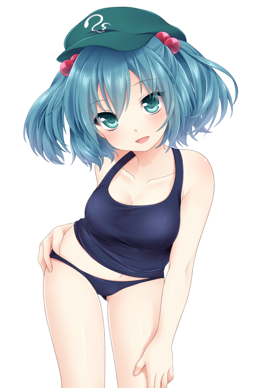 aqua_eyes bad_id bad_pixiv_id blue_hair blush breasts cleavage collarbone etou_(cherry7) female hair_bobbles hair_ornament hat highres kawashiro_nitori medium_breasts navel one-piece_swimsuit open_mouth school_swimsuit school_swimsuit_flap short_hair solo swimsuit touhou two_side_up white_background