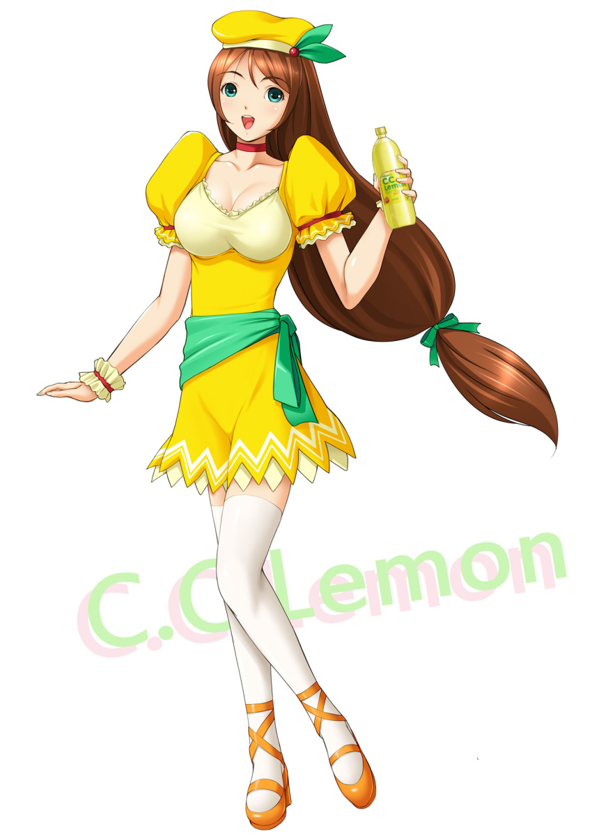 blue_eyes bracelet breasts brown_hair c.c._lemon c.c._lemon_(character) cleavage commentary_request dragon@harry female food fruit hat highres jewelry large_breasts lemon long_hair necklace open_mouth photoshop_(medium) shirt skirt solo taut_clothes taut_shirt thighhighs yellow_skirt