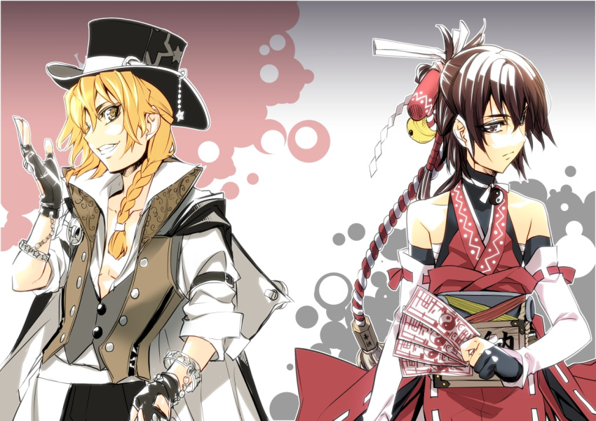 2boys alternate_costume alternate_hairstyle alternate_headwear blonde_hair box bracelet braid brown_eyes brown_hair cape chest_sarashi collarbone commentary_request detached_sleeves donation_box genderswap_(ftm) gloves grin hakurei_reimu hat ichikawa_ryuunosuke jewelry kirisame_marisa male_focus multiple_boys obi ofuda rule_63 sarashi sash shrine_bell side_braid single_braid smile star_(symbol) touhou yellow_eyes yin_yang