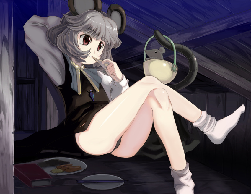 animal_ears arm_behind_head attic bare_legs basket black_panties book brown_eyes capelet chopsticks commentary_request crossed_legs eating feet female foot_out_of_frame grey_hair highres holding holding_with_tail indoors jewelry long_sleeves mouse_(animal) mouse_ears mouse_tail nazrin panties pantyshot pendant photoshop_(medium) plate prehensile_tail shirt short_hair sitting socks solo syope tail touhou underwear white_shirt white_socks