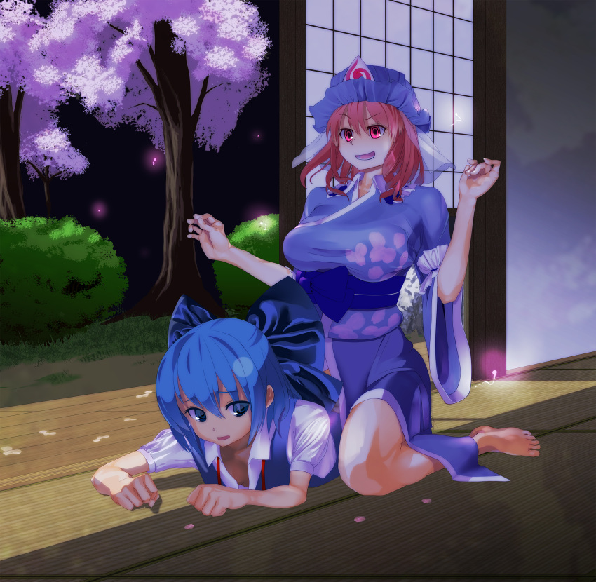 2girls absurdres bad_id bad_pixiv_id barefoot blue_eyes blue_hair bow breasts bush cherry_blossoms cirno hairbow hat highres kazuya424 large_breasts long_sleeves multiple_girls obi open_mouth photoshop_(medium) pink_eyes pink_hair riding saigyouji_yuyuko sash short_hair short_sleeves touhou tree triangular_headpiece wide_sleeves you_gonna_get_eaten