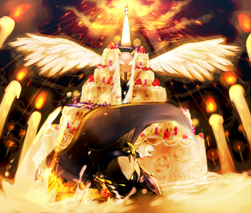 2boys angel_wings armor bad_id bad_pixiv_id birthday_cake cake candle cape caramel_(artist) food food_focus galacta_knight galaxia_(sword) gloves glowing glowing_eyes kirby kirby_(series) mask meta_knight multiple_boys no_humans pauldrons shoulder_armor sword weapon wings yellow_eyes