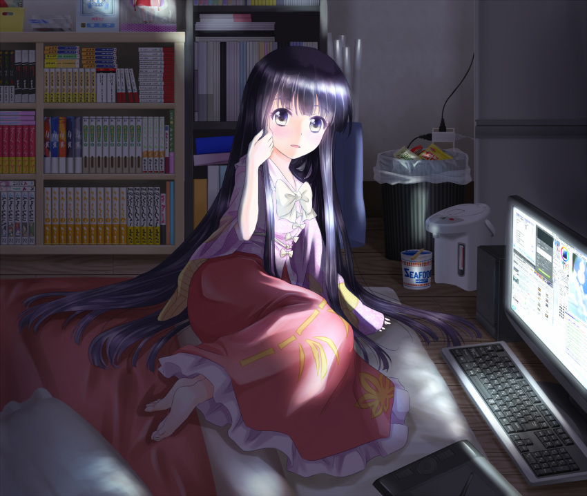 barefoot black_hair blush book bookshelf bow commentary_request dark drawing_tablet female food futon hadi highres hime_cut houraisan_kaguya indoors long_hair long_skirt long_sleeves manga_(object) neet nissin_cup_noodle open_mouth painttool_sai pillow skirt solo speaker touhou trash_can very_long_hair water_boiler wide_sleeves yellow_eyes