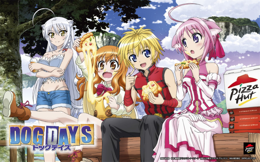 1boy 3girls :d :o ahoge animal_ears blonde_hair blue_eyes blush boots breasts bustier cape cat_ears cat_tail cinque_izumi cleavage copyright_name dog_days dog_ears dog_girl dog_tail dress drink drinking_straw eating food food_on_face highres holding holding_food holding_pizza imageboard_desourced jewelry large_breasts leonmitchelli_galette_des_rois logo long_hair messy midriff millhiore_f._biscotti multiple_girls navel non-web_source open_mouth orange_eyes orange_hair panties pink_hair pizza pizza_hut product_placement purple_eyes ricotta_elmar ring short_hair shorts sitting smile tail thong underwear white_hair yellow_eyes