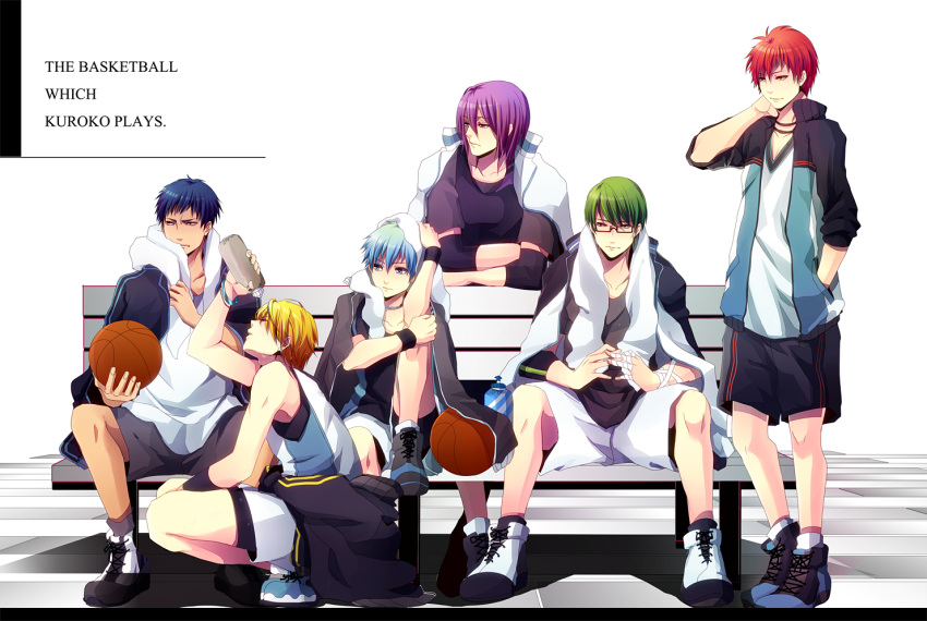 6+boys akashi_seijuurou aomine_daiki bad_id bad_pixiv_id ball basketball basketball_(object) basketball_uniform blonde_hair blue_eyes blue_hair copyright_name dark-skinned_male dark_skin domco english_text glasses green_eyes green_hair kise_ryouta kuroko_no_basuke kuroko_tetsuya male_focus midorima_shintarou multiple_boys murasakibara_atsushi on_bench purple_eyes purple_hair red_eyes red_hair short_hair sitting sportswear towel yellow_eyes