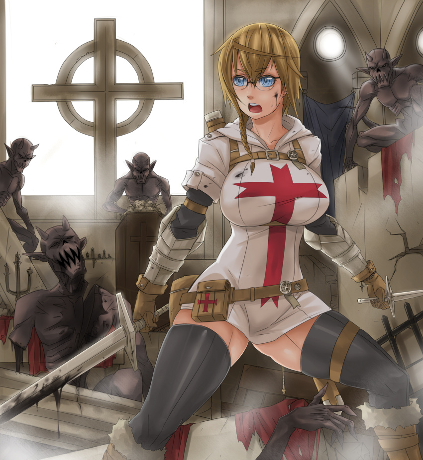 black_blood black_thighhighs blonde_hair blood blue_eyes braid breasts celtic_cross commentary_request cross dagger dual_wielding esther_(exaxuxer) exaxuxer female glasses highres holding knife knights_templar large_breasts long_hair monster open_mouth original single_braid solo sword teeth thighhighs weapon