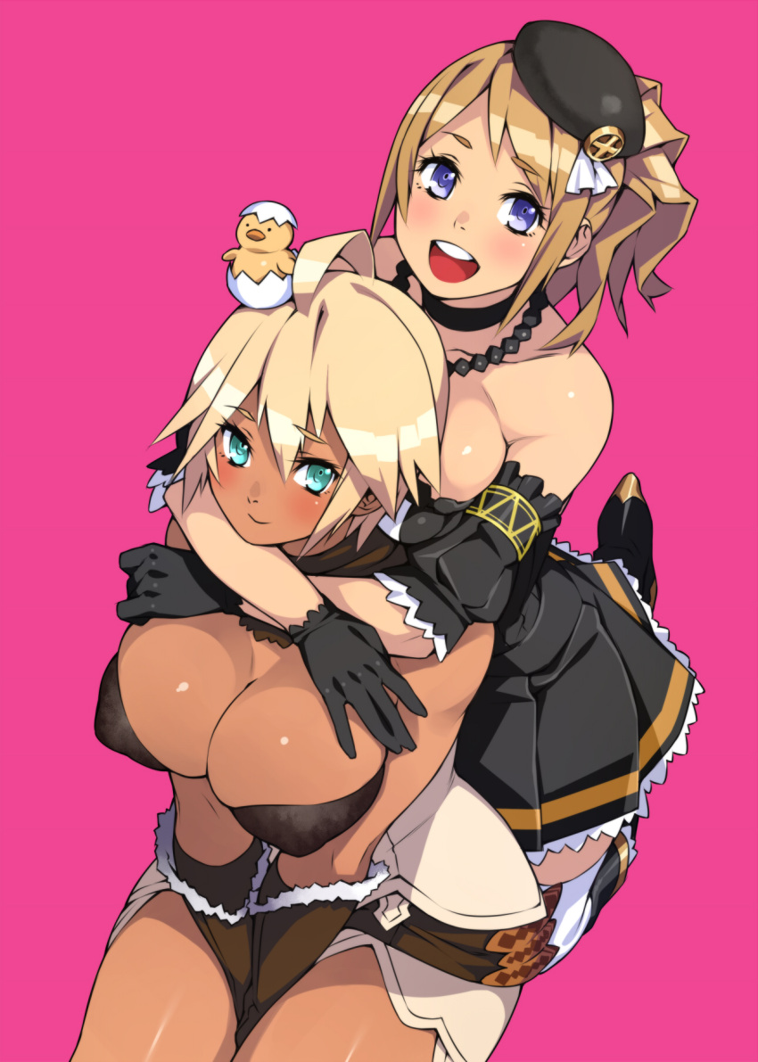 23_(real_xxiii) 2girls :d animal animal_on_head aqua_eyes arms_around_neck bare_shoulders bird blonde_hair blush breast_press breasts brown_hair chick cleavage collarbone dark-skinned_female dark_skin fantasy_earth_zero gloves hat highres hug hug_from_behind jewelry large_breasts looking_at_viewer multiple_girls necklace on_head open_mouth original pink_background ponytail sela_(23) short_hair simple_background smile ursula_(23) v_arms yuri