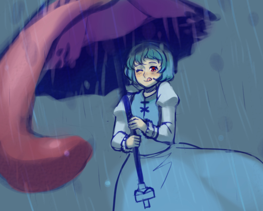 ;q blue_hair dress female karakasa_obake one_eye_closed purple_umbrella rain red_eyes roarke_(lavenderincubus) short_hair solo tatara_kogasa tongue tongue_out touhou umbrella