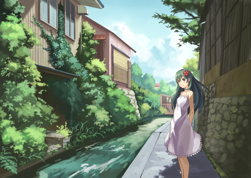 arms_behind_back bare_shoulders canal commentary_request dress eichisu female flower green_eyes green_hair hair_flower hair_ornament house long_hair original outdoors plant smile solo sundress water white_dress