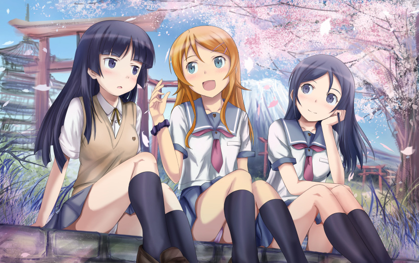 3girls :d aragaki_ayase black_hair blue_eyes blush cherry_blossoms commentary_request edogawakid gokou_ruri grass hand_on_own_face highres kneehighs kousaka_kirino kousaka_kirino's_school_uniform legs loafers long_hair long_legs mole mole_under_eye mountain multiple_girls oerba_yun_fang open_mouth orange_hair ore_no_imouto_ga_konna_ni_kawaii_wake_ga_nai panties pantyshot petals photoshop_(medium) pink_panties school_uniform serafuku shoes sitting skirt smile socks striped_clothes striped_panties sweater_vest torii tree underwear white_panties