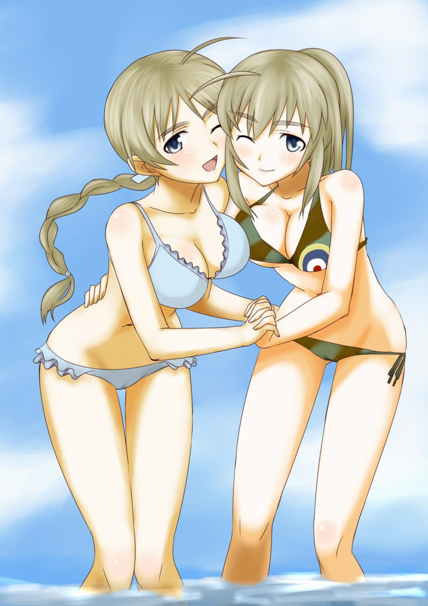 2girls ahoge bikini blue_eyes blush braid breasts brown_hair cheek-to-cheek cleavage commentary_request frilled_bikini frills heads_together highres large_breasts lynette_bishop multiple_girls niki_(t26gfaxt) one_eye_closed open_mouth siblings side-tie_bikini_bottom sisters smile strike_witches strike_witches:_katayoku_no_majo-tachi swimsuit thigh_gap wading wilma_bishop world_witches_series